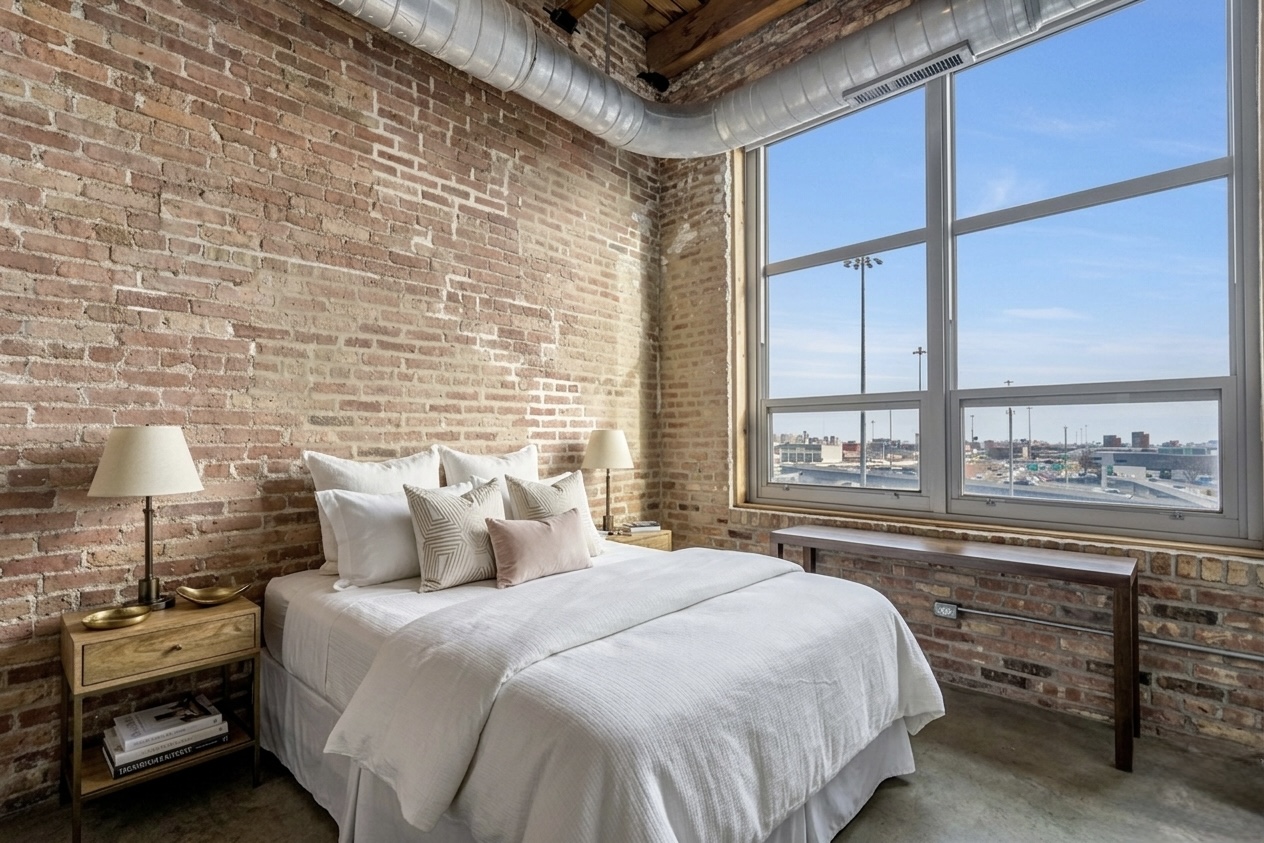 Bedroom — exposed brick & south-facing views