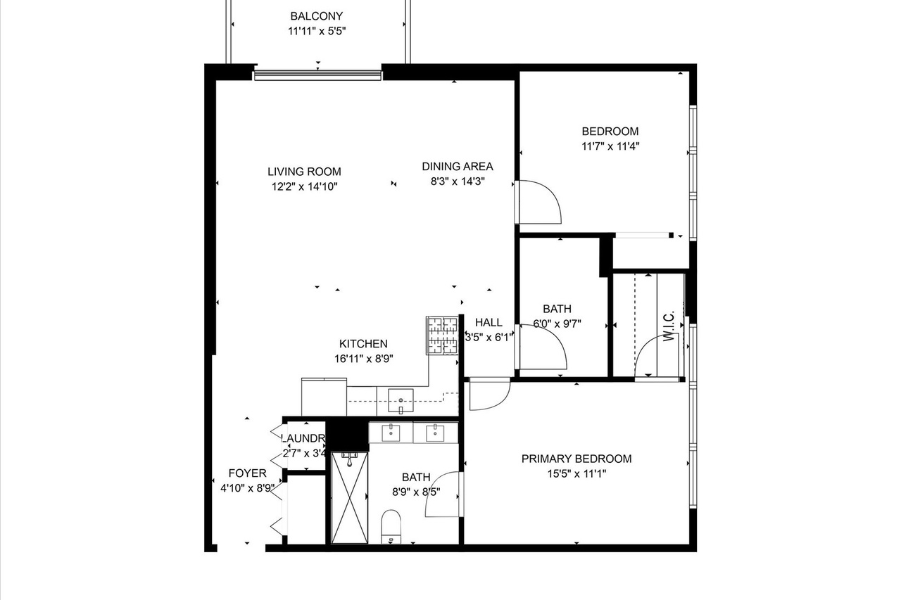 Floor Plan — 2BR/2BA corner unit with balcony